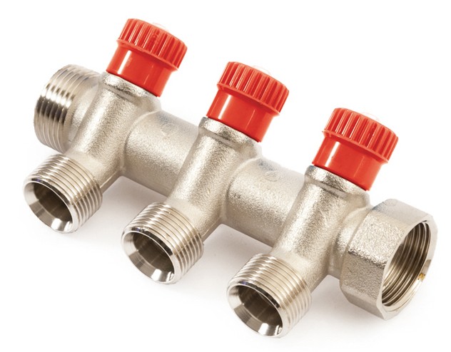 Коллектор с регул. вентилями 1"х4 вых., 1/2" нар. VALTEC