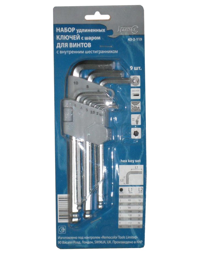 Набор ключей имбусовых, HEX 1,5-10 мм, 9 шт., длинные с шариком, пластиковый держатель RemoColor