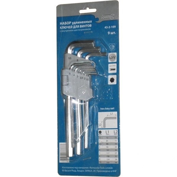 Набор ключей имбусовых, HEX 1,5-10 мм, 9 шт., длинные, пластиковый держатель RemoColor