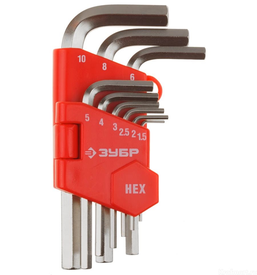 Набор ключей имбусовых, HEX 1,5-10 мм, 9 шт., короткие, пластиковый держатель ЗУБР "МАСТЕР"
